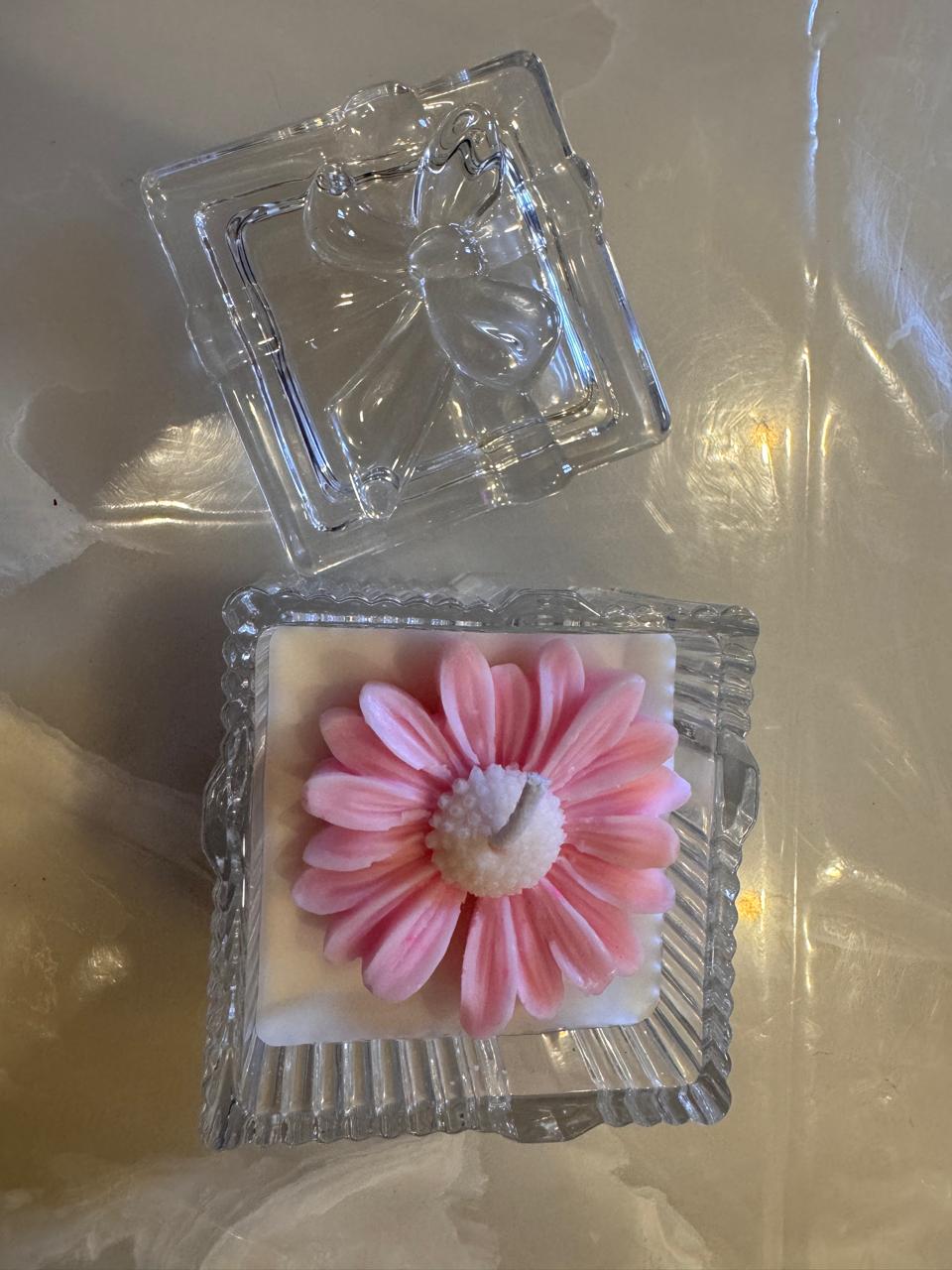 pink flower candle in square glass container with lid decorative floral wax candle elegant home decor