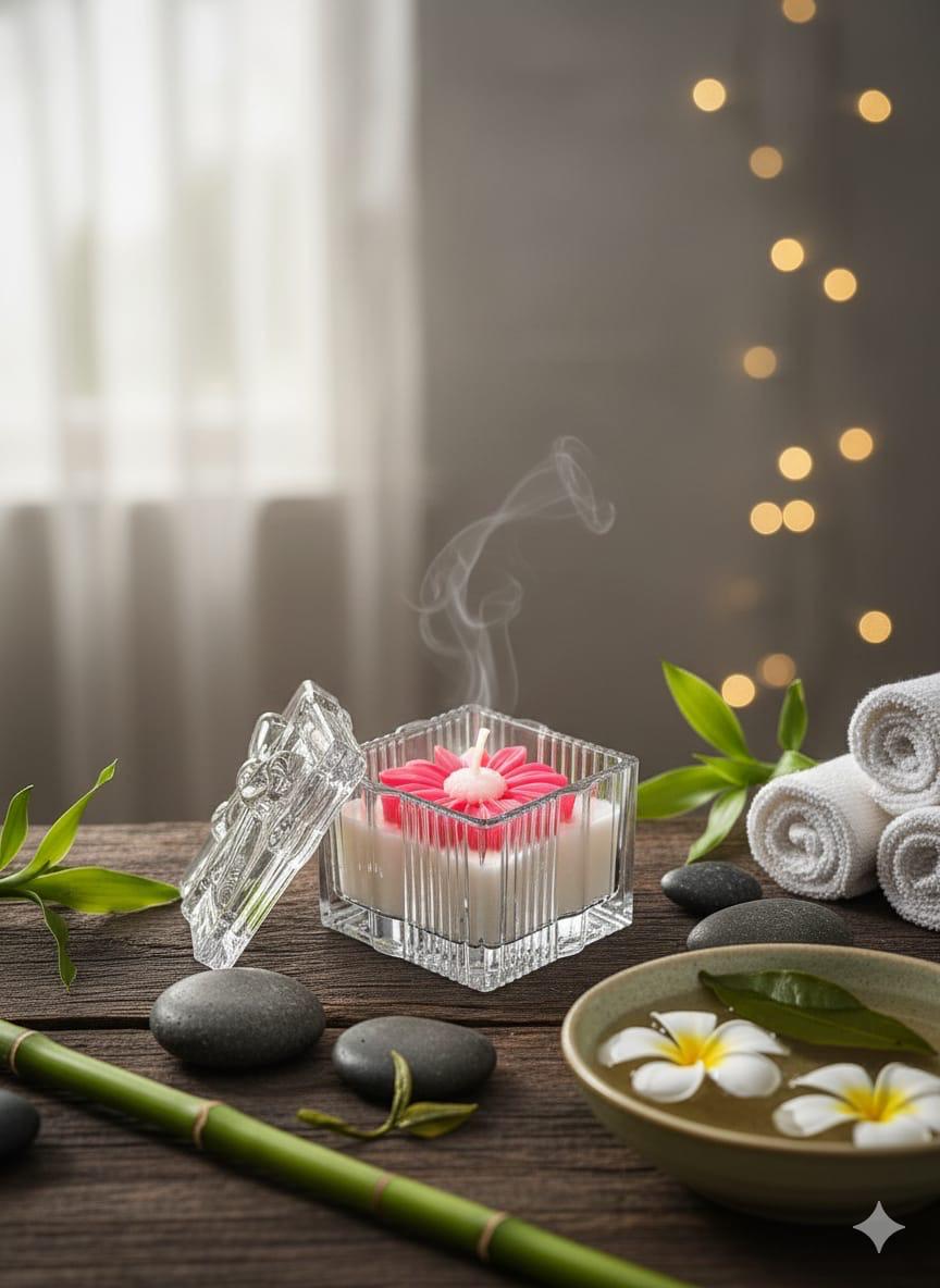 pink flower candle in square glass container with lid decorative floral wax candle elegant home decor