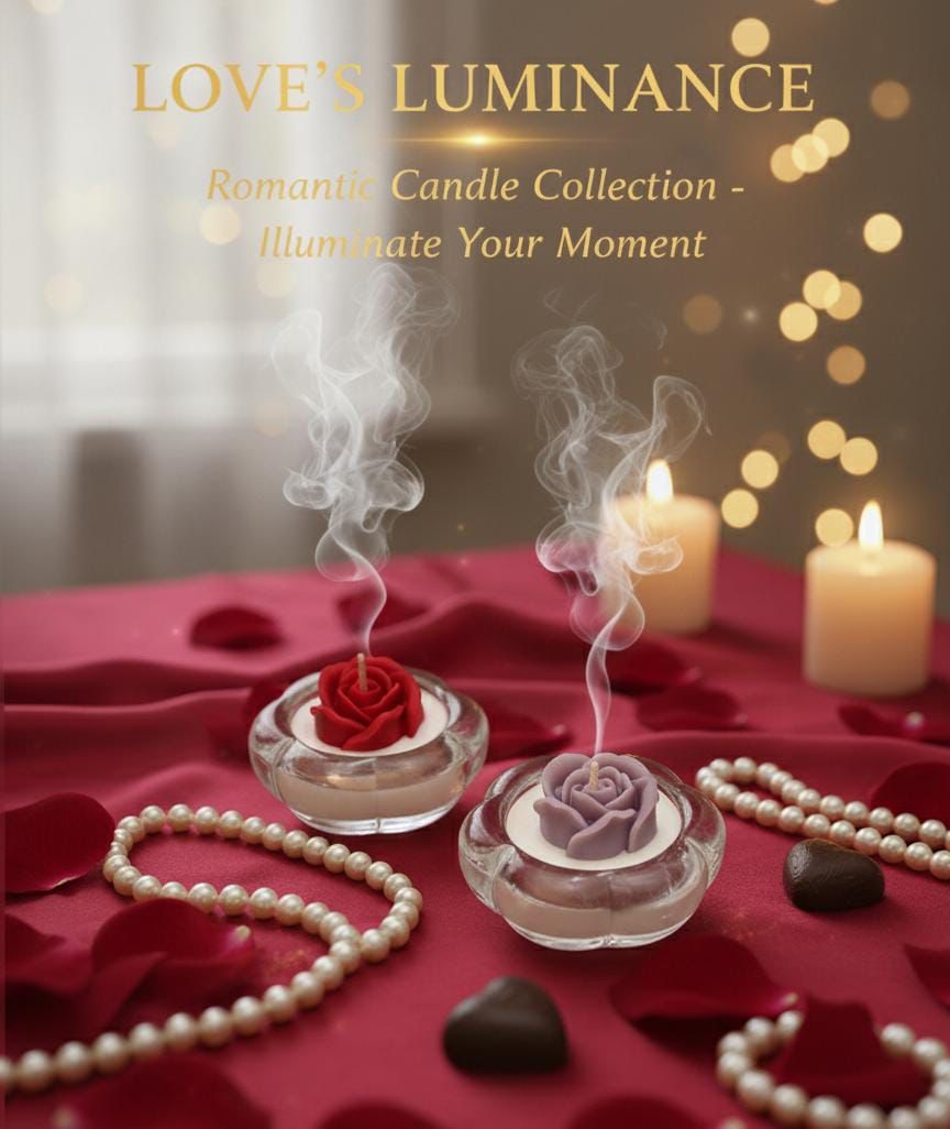 Romantic rose candles in glass holders with petals and pearls creating an intimate candlelight setting