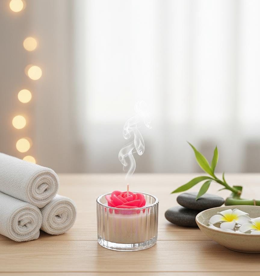 Rose candle in shimmering glass container with spa setting, towels, stones, and calming ambiance