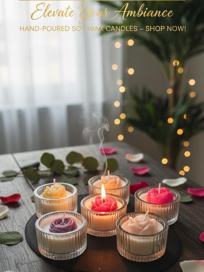 rose shaped scented candles in glass holders glowing on table for romantic home decor ambiance